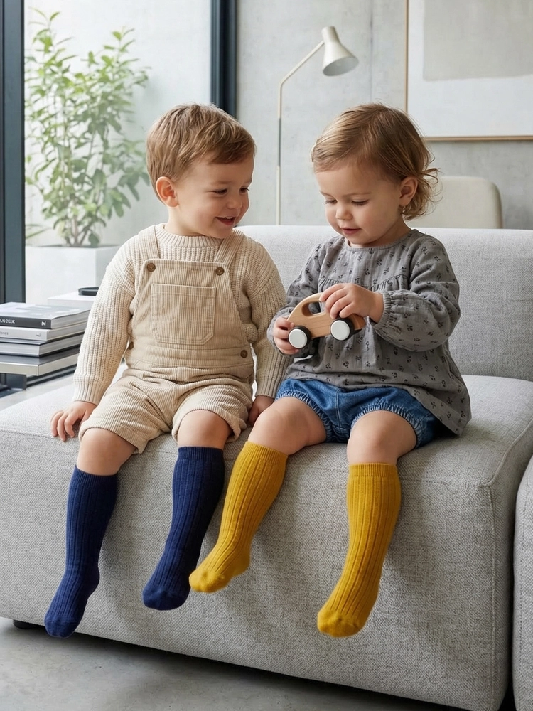 Due bambini che indossano le calze in cotone alte Barberini