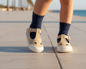 Foto di due gambe di un bambino con una scarpa estiva, e di calze in cotone