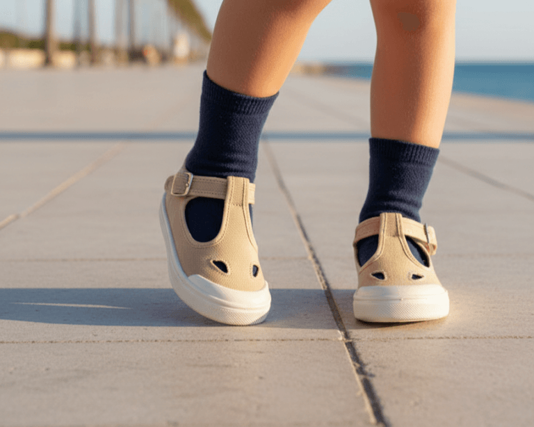 Foto di due gambe di un bambino con una scarpa estiva, e di calze in cotone