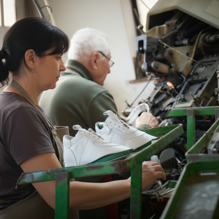 Artigiano italiano che rifinisce la cucitura della scarpa Barberini.