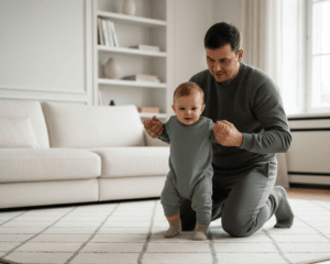 Genitore che tiene per mano il figlio anticipando il momento di quando mettere scarpe ai neonati.