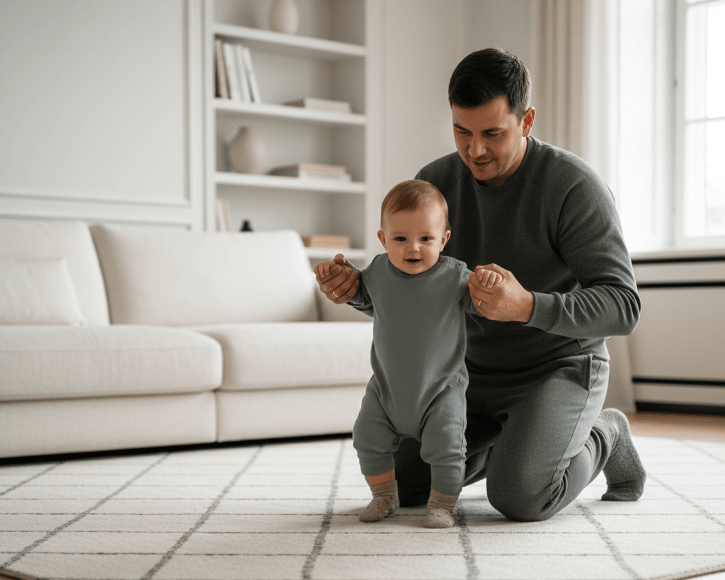 Genitore che tiene per mano il figlio anticipando il momento di quando mettere scarpe ai neonati.