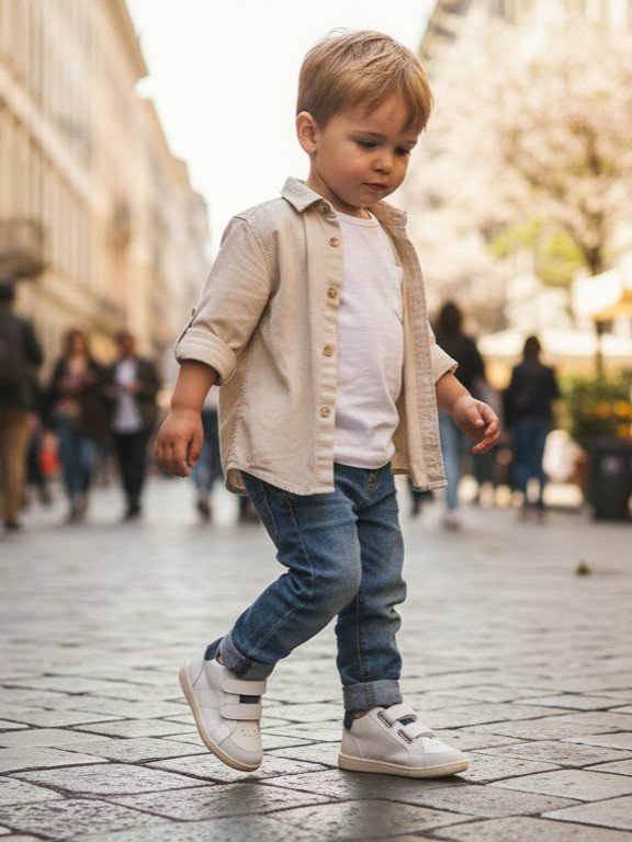 Bambino che cammina felice con la scarpa primi passi in pelle blu.