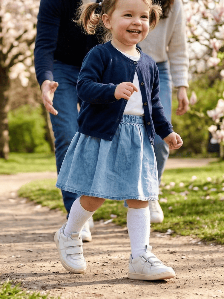 Bambina che sperimenta la camminata con le sue scarpe primi passi estive