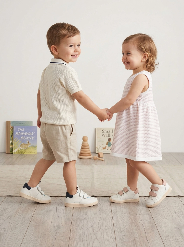 Due bimbi che si tengono la mano e che indossano delle scarpe primi passi