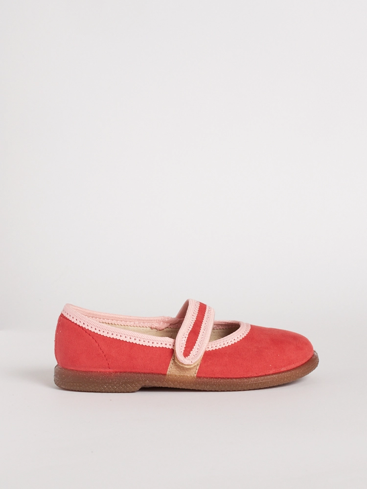 Ballerina estiva per bambine modello Isabella in tessuto color corallo e rosa.