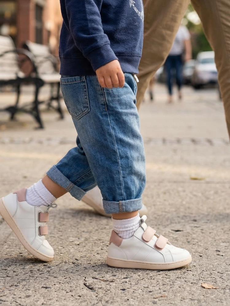 Una bambina indossa la scarpa bambina suola flessibile durante i primi passi