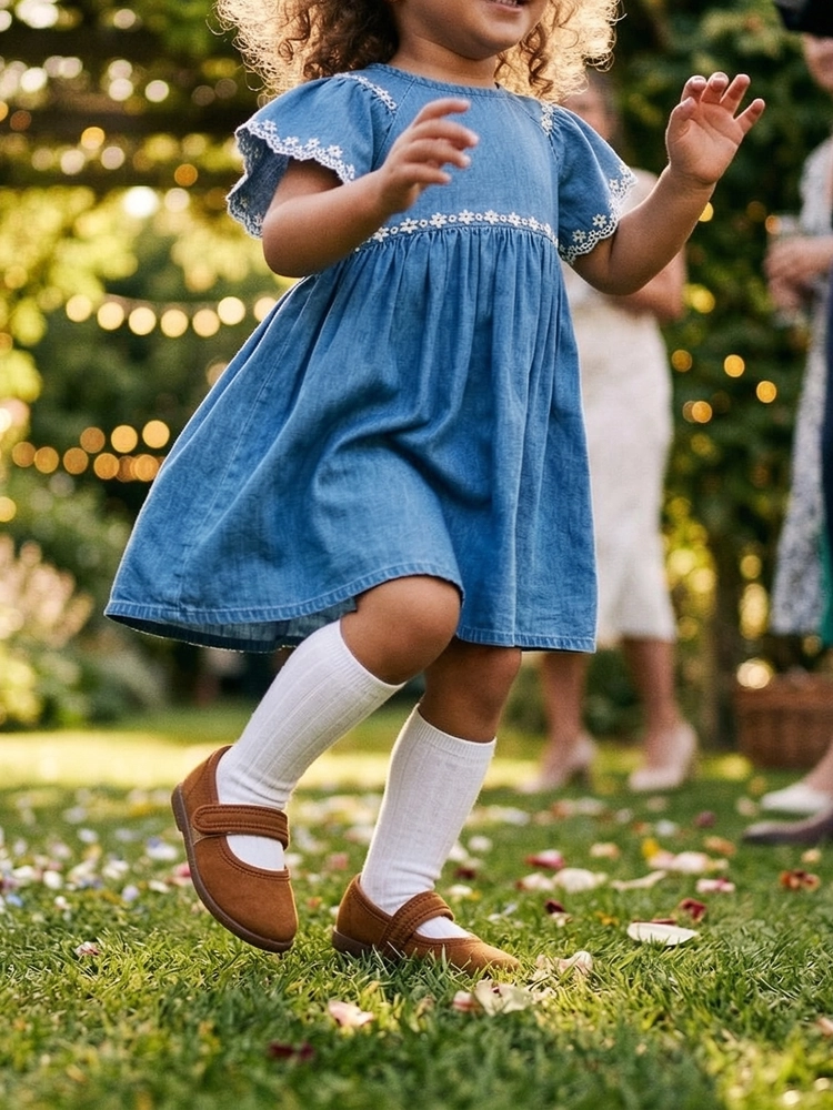 Bambina con ballerine Isabella | Alt: Bambina che indossa la ballerina classica marrone bimba in un contesto elegante.