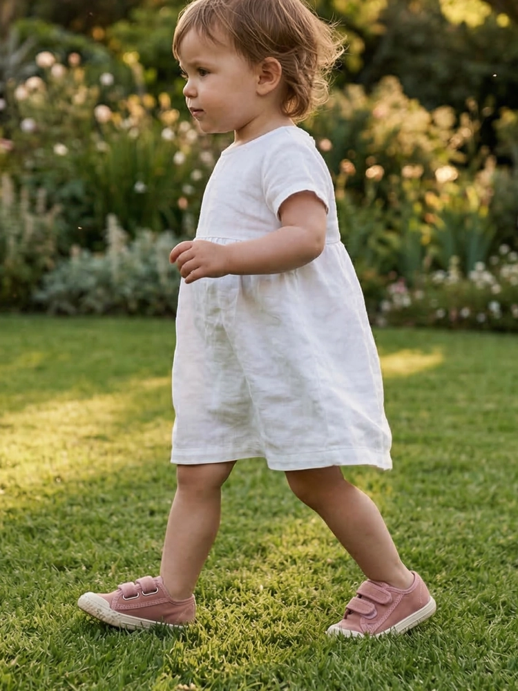 Bambina che cammina in casa indossando scarpine estive rosa.