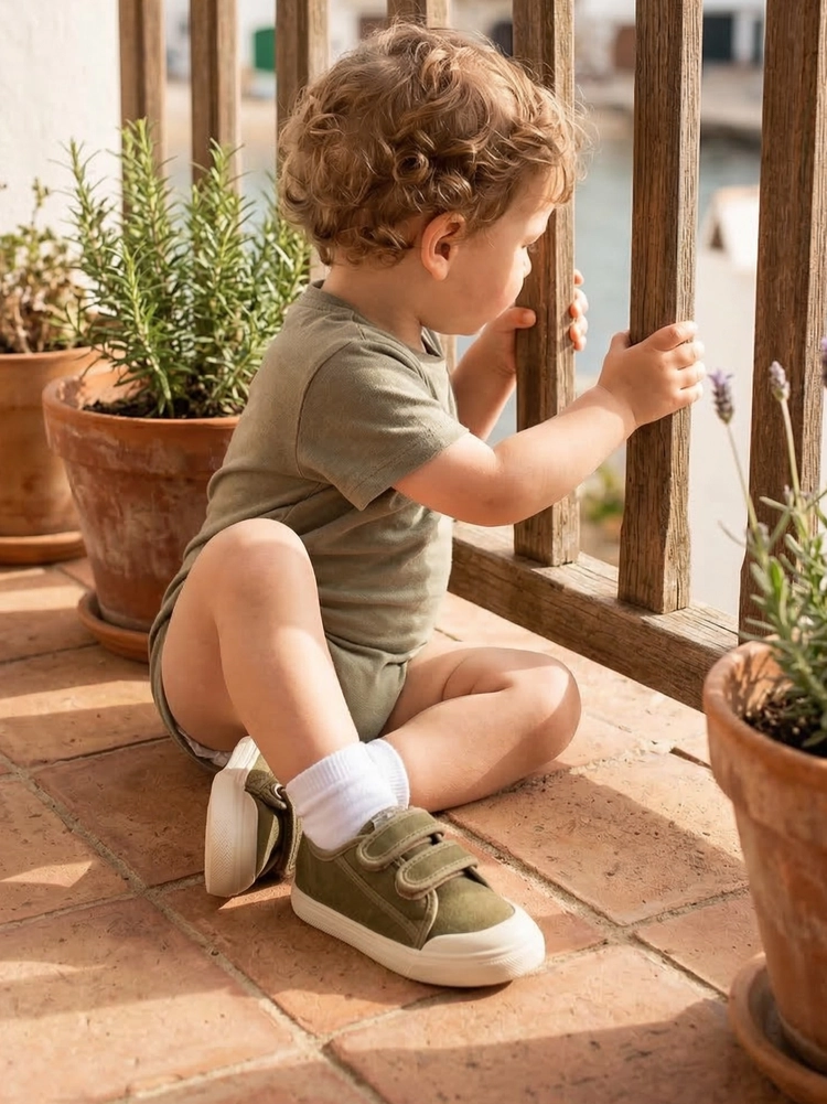 Un bambino che esplora il giardino indossando scarpine estive per bambini.