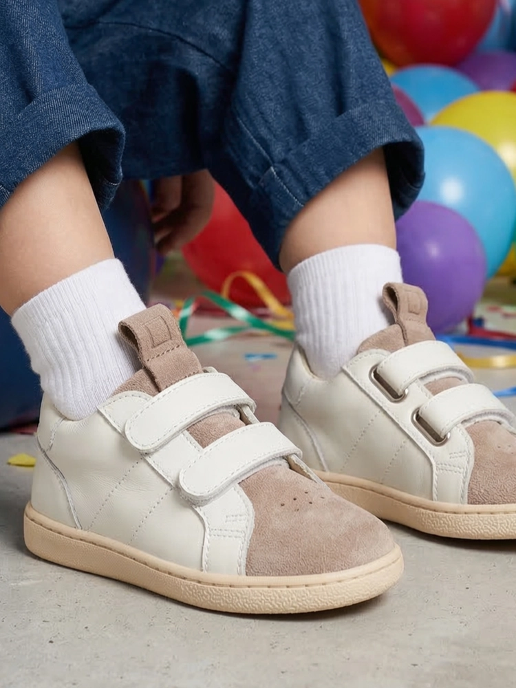 Un bambino che cammina in sicurezza indossando le scarpe primi passi flessibili.