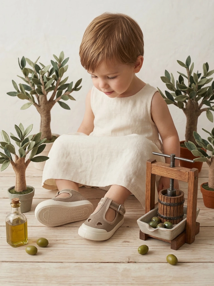 Un bambino che esplora l'ambiente indossando le scarpine Talpa taupe.