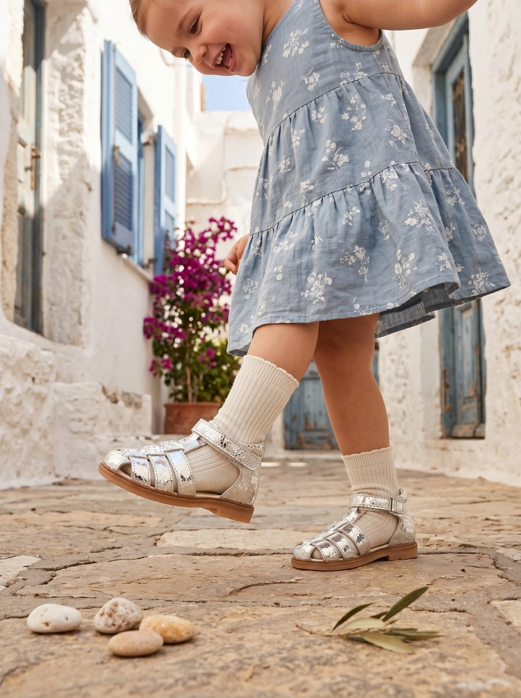 Bambina che indossa il sandalo estivo bambina argento Marfisa.