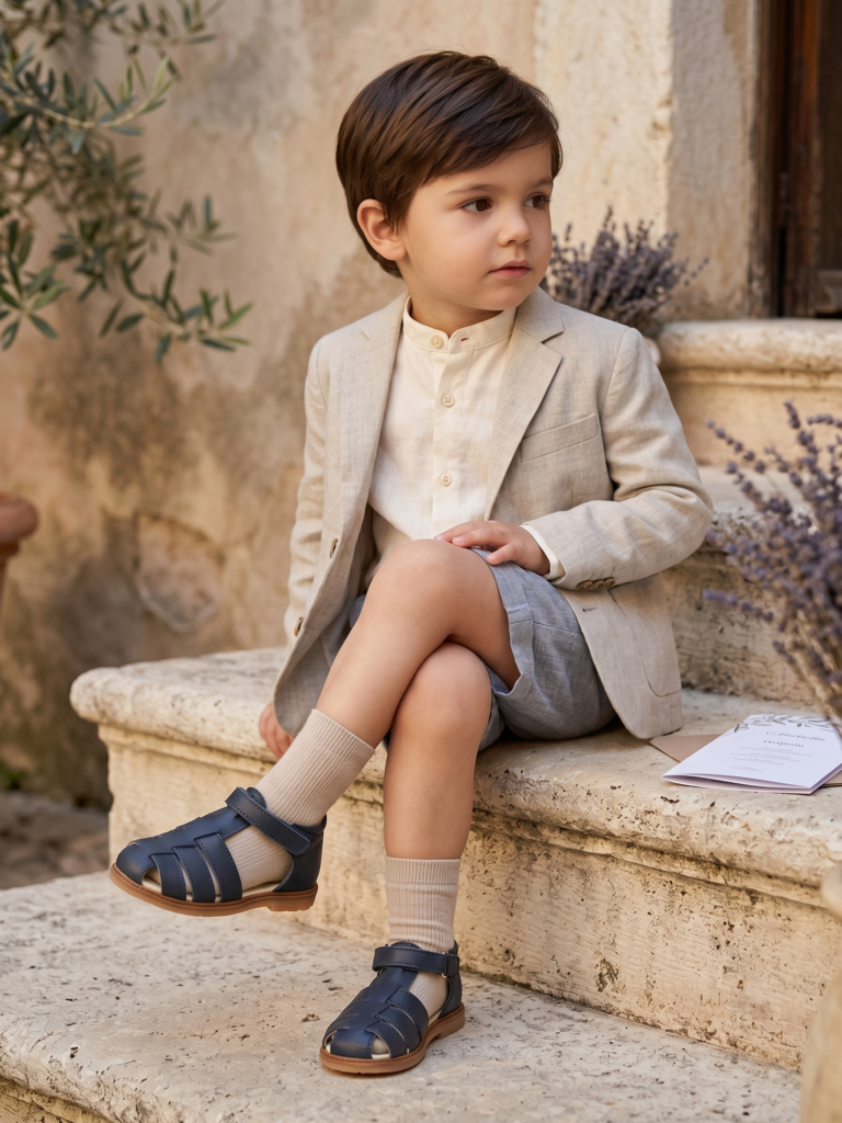 Bambino che cammina con il sandalo bambino pelle blu Marfisa.
