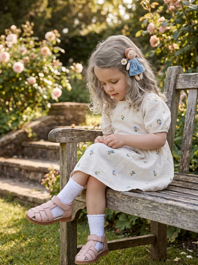Bambina che indossa il ragnetto primi passi bambina rosa per l'estate.