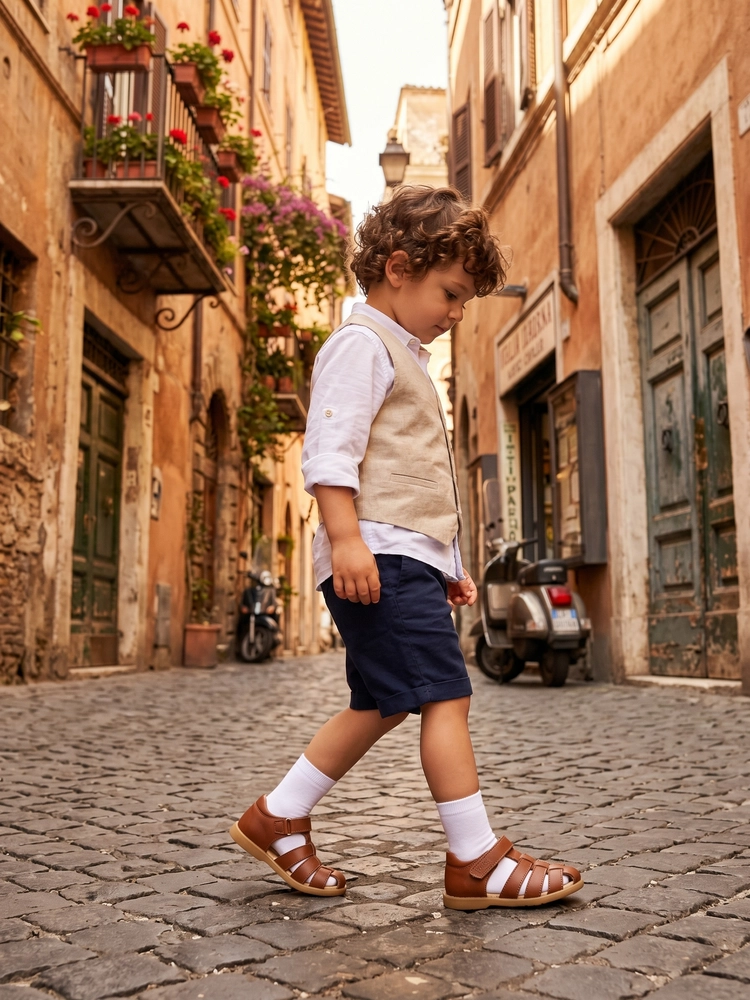 Look completo da cerimonia con il sandalo cerimonia bambino marrone.