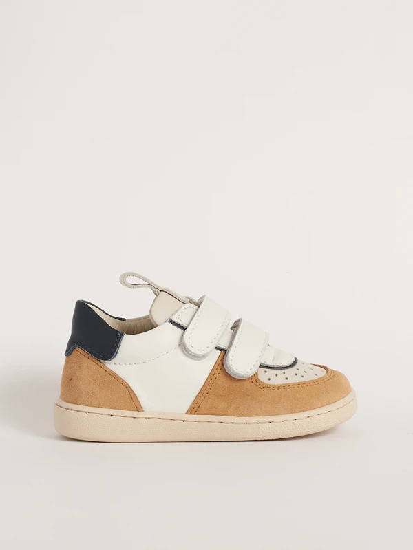 Scarpa primi passi piede magro invernale modello Bradamante bianca, beige, tallone blu e camoscio caramello