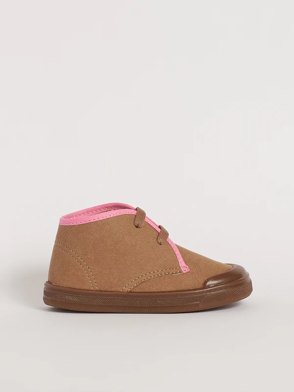 Stivale primi passi marrone per bambine modello Ruggero Barberini colore fango con bordi rosa vista laterale